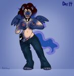  2023 5_fingers anthro areola blue_background blue_body blue_eyes blue_feathers blue_fur blue_hair blue_tail bodily_fluids bottomwear breast_grab breasts brown_hair choker clothed clothing cutie_mark digital_media_(artwork) equid equine eyebrows eyewear feathered_wings feathers fingers friendship_is_magic fur gender_transformation genitals glasses growth hair hand_on_breast hasbro hi_res horn horn_growth human human_to_anthro jewelry looking_down mammal metallicboobage mtf_transformation my_little_pony navel necklace nipples pants penis princess_luna_(mlp) pussy signature simple_background smile solo species_transformation sweat sweatdrop tail tongue tongue_out topless transformation wing_growth winged_unicorn wings 