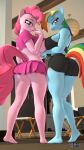  3d_(artwork) anthro anthrofied anthroponiessfm big_breasts big_butt bottomwear breasts butt clothed clothing digital_media_(artwork) duo equid equine friendship_is_magic hasbro hi_res looking_at_viewer looking_back looking_back_at_viewer mammal my_little_pony no_underwear pinkie_pie_(mlp) rainbow_dash_(mlp) skirt 