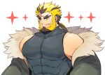  1boy bara bare_shoulders blonde_hair covered_abs covered_nipples highres hiwen-d large_pectorals looking_at_viewer male_focus mature_male muscular muscular_male off_shoulder original pectorals seductive_smile shirt short_hair smile solo taut_clothes taut_shirt thick_beard thick_eyebrows upper_body 