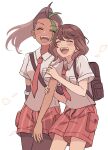  2girls anna_(pokemon) backpack bag black_hair blush brown_hair closed_eyes collared_shirt dark-skinned_female dark_skin eyelashes green_hair highres holding_another&#039;s_arm hoyon multicolored_hair multiple_girls naranja_academy_school_uniform necktie nemona_(pokemon) open_mouth orange_shorts pantyhose pokemon pokemon_sv ponytail school_uniform shirt short_sleeves shorts striped striped_shorts teeth two-tone_hair upper_teeth_only white_background white_shirt yuri 