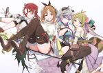  4girls absurdres ahoge atelier_(series) atelier_resleriana atelier_ryza bag bare_legs belt black_thighhighs blue_coat blue_eyes blush breasts broken_horn brown_eyes brown_hair clothing_cutout coat demon_horns dress flocke_cerha frilled_skirt frilled_sleeves frills gloves green_eyes green_hair grin hair_between_eyes hair_ornament hairclip hat hayashi_kewi heidi_(atelier) highres horns jewelry long_sleeves looking_at_viewer multiple_belts multiple_girls necklace open_mouth promotional_art purple_eyes red_hair red_shorts reisalin_stout shirt short_hair short_shorts shorts shoulder_cutout sideboob simple_background sitting skirt smile staff staff_riding thigh_pouch thighhighs thighs valeria_(atelier) white_background white_hair white_headwear white_shirt 