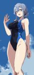  1girl alternate_costume blue_eyes blue_hair blue_one-piece_swimsuit blue_sky blush breasts cloud cloudy_sky competition_swimsuit dated day gotland_(kancolle) hair_between_eyes hair_bun highres kantai_collection long_hair looking_at_viewer mole mole_under_eye one-piece_swimsuit open_mouth single_hair_bun sky smile solo swimsuit unagiman 