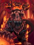  1girl :d abs animal_ears bare_shoulders black_collar breasts brown_fur brown_hair cerberus chain claws cleavage collar commentary_request commission cuffs dog_ears ear_piercing fire floating_head glowing glowing_eyes grin hair_between_eyes highres large_breasts looking_at_viewer monster_girl multiple_heads muscular muscular_female navel open_mouth original own_hands_together piercing red_sky rock sharp_teeth short_hair sidelocks skeb_commission sky smile socha_desuga... solo standing stomach tail teeth thank_you twitter_username veins 