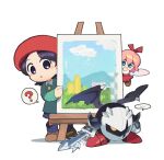  ... 1boy 2girls ? adeleine blue_eyes blue_hair broken_mask canvas_(object) chirko_0326 commentary_request dark_meta_knight hat hiding holding holding_sword holding_weapon kirby_(series) kirby_64 mask multiple_girls pink_hair red_footwear ribbon_(kirby) short_hair spoken_ellipsis spoken_question_mark sword weapon wings yellow_eyes 