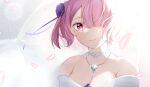  1girl absurdres bare_shoulders breasts bride choker commentary_request dress flower hair_flower hair_ornament hair_over_one_eye heart heart-shaped_pupils highres jewelry light_smile looking_at_viewer medium_breasts necklace olivia66949612 pink_eyes pink_hair ram_(re:zero) re:zero_kara_hajimeru_isekai_seikatsu short_hair smile solo strapless strapless_dress symbol-shaped_pupils wedding_dress white_choker white_dress 