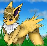  anthro bent_over big_breasts breasts cute_expression eeveelution female fur generation_1_pokemon hanging_breasts hi_res humanoid jolteon nightowlarts30 nintendo pinup pokemon pokemon_(species) pose solo spiked_tail spikes spikes_(anatomy) spread_legs spreading tail yellow_body yellow_fur 