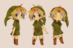  1boy ahoge artist_name brown_footwear closed_mouth full_body green_shirt hat link looking_at_viewer multiple_views pointy_ears shirt short_hair short_sleeves simple_background the_legend_of_zelda the_legend_of_zelda:_ocarina_of_time tokuura tunic young_link 