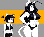  2023 5_fingers :3 ahoge annoyed anthro arm_tuft bangs big_breasts black_hair black_nails bottomwear bra breast_size_difference breasts chest_tuft clothed clothing colored_nails domestic_cat duo elbow_tuft eye_of_horus felid feline felis female fingers fur gym_bottomwear gym_clothing gym_shorts hair hand_on_hip hi_res inner_ear_fluff kamra_(sem-l-grim) katherine_(sem-l-grim) long_hair looking_at_another mammal meme meme_clothing midriff nails navel sem-l-grim short_hair shorts shoulder_tuft sibling_(lore) signature simple_background sister_(lore) sisters_(lore) size_difference slouching smile smug smug_face sports_bra sports_bra_difference_meme sports_panties standing tail thick_thighs tuft underwear white_body white_fur wide_hips 