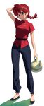  1girl blue_hair braid braided_ponytail closed_mouth genderswap genderswap_(mtf) hand_in_own_hair highres holding holding_teapot long_hair pants ranma-chan ranma_1/2 red_hair shirt shoes short_sleeves simple_background solo some1else45 standing teapot white_background 