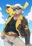  1boy belt belt_buckle black_shirt brown_belt brown_jacket buckle bulge captain_pikachu clothed_pokemon cloud commentary_request cowboy_shot day friede_(pokemon) fur-trimmed_jacket fur_trim goggles goggles_on_head grin hand_on_own_hip highres hitoninjin jacket long_sleeves looking_down male_focus on_shoulder open_clothes open_jacket outdoors pants pikachu pokemon pokemon_(anime) pokemon_(creature) pokemon_horizons pokemon_on_shoulder shirt sky smile teeth white_hair yellow_eyes 