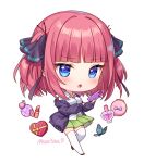  1girl :o artist_name black_ribbon blue_eyes blunt_bangs blush bottle bow box bug butterfly butterfly_hair_ornament cellphone chibi collared_shirt commentary compact_(cosmetics) cosmetics english_commentary eyelashes full_body go-toubun_no_hanayome green_skirt hair_ornament hair_ribbon hand_up heart heart-shaped_box holding holding_phone jacket lipstick_tube long_sleeves looking_at_viewer medium_hair moorina nail_polish_bottle nakano_nino off_shoulder open_clothes open_jacket open_mouth perfume_bottle phone pink_bow pink_hair pleated_skirt purple_jacket ribbon shirt sidelocks signature simple_background skirt smartphone smartphone_case solo thighhighs two_side_up v-shaped_eyebrows white_background white_shirt white_thighhighs wing_collar 