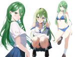  atory bikini blue_bikini blue_skirt breasts brown_footwear commentary_request detached_sleeves frog_hair_ornament green_eyes green_hair groin hair_ornament hair_tubes kochiya_sanae long_hair looking_at_viewer medium_breasts multiple_views navel open_mouth pleated_skirt simple_background skirt snake_hair_ornament socks swimsuit touhou white_background white_socks 
