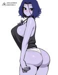  1girl ass bare_arms black_eyes black_shirt blue_hair blue_nails blue_skin blush breasts closed_mouth colored_skin cowboy_shot dc_comics donburi_(donburikazoku) facial_mark forehead_mark large_breasts looking_at_viewer panties raven_(dc) shirt simple_background solo standing teen_titans underwear white_background white_panties 