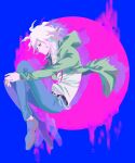  1boy belt black_belt blood blue_background brown_footwear chain danganronpa_(series) danganronpa_2:_goodbye_despair green_jacket green_pants highres hood hood_down hooded_jacket jacket knees_up komaeda_nagito long_sleeves male_focus pants pink_background pink_blood print_shirt seki_(s_e) shirt shoes solo torn_clothes torn_jacket white_shirt 