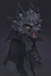  2023 absurd_res anthro canid canine claws clothed clothing digital_media_(artwork) fangs fur grey_body grey_fur hi_res looking_at_viewer male mammal open_clothing open_mouth open_shirt open_topwear reysi shirt signature solo teeth topwear yellow_eyes 