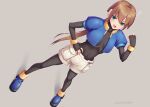  1girl aile_(mega_man_zx) bodysuit breasts brown_hair fingerless_gloves full_body gloves green_eyes hair_between_eyes long_hair looking_at_viewer mega_man_(series) mega_man_zx mega_man_zx_advent miyai_sen open_mouth ponytail robot_ears short_sleeves shorts simple_background skin_tight smile solo spandex 