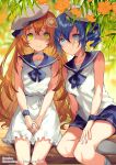  2girls amiami_(company) amico aqua_eyes beret blue_hair blue_shorts breasts choker dress flower green_eyes grey_socks hair_between_eyes hair_ornament hat highres kneehighs lilco long_hair looking_at_viewer medium_breasts multiple_girls orange_flower orange_hair own_hands_together sailor_collar sailor_dress shorts sitting sleeveless small_breasts socks very_long_hair white_choker white_dress white_headwear yumekui 