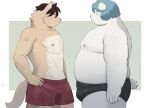  2023 anthro belly big_belly blue_hair brown_body bulge canid canine canis clothing domestic_dog duo hair humanoid_hands kemono male male/male mammal moobs nipples overweight overweight_male sv_grart underwear white_body 