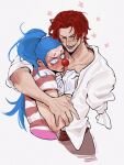  absurdres amputee blue_hair blush character_request closed_eyes closed_mouth clown_nose collared_shirt copyright_request flower highres hug long_hair long_sleeves missing_limb multicolored_shirt ponytail red_hair red_shirt scar scar_on_face shirt short_hair simple_background striped striped_shirt twitter_username vamos_mk white_background white_shirt 