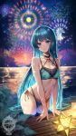  1girl bikini blue_bikini blue_eyes blue_hair blue_nails breasts choker collarbone evening fireworks flower hair_flower hair_ornament highres hololive hoshimachi_suisei layered_bikini light long_hair looking_at_viewer navel o-ring o-ring_bikini o-ring_choker o-ring_top ocean official_alternate_hairstyle palm_tree parted_lips partially_submerged pink_flower side-tie_bikini_bottom sky small_breasts solo star_(symbol) star_in_eye stomach straight_hair swimsuit symbol_in_eye tiprip_kk tree very_long_hair virtual_youtuber wet 