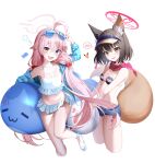  2girls :d absurdres ahoge animal_ears armpits ball bare_arms bare_shoulders beachball bikini bikini_skirt black_hair blue_archive blue_eyes blue_jacket blue_shorts breasts cropped_legs cutoffs denim denim_shorts eyeshadow fang fox_ears fox_girl fox_tail frilled_bikini frills hair_bobbles hair_ornament halo highres holding hoshino_(blue_archive) hoshino_(swimsuit)_(blue_archive) izuna_(blue_archive) izuna_(swimsuit)_(blue_archive) jacket large_tail long_hair looking_at_viewer low_twintails makeup micro_shorts multiple_girls nagul navel off_shoulder official_alternate_costume open_clothes open_fly open_jacket open_mouth pink_hair revision scarf short_hair shorts simple_background small_breasts smile spoken_blush stomach strap_gap string_bikini striped striped_bikini swimsuit tail thighs twintails very_long_hair visor_cap white_background white_bikini yellow_eyes 