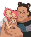  1boy 2girls aged_down animal_ears bartholomew_kuma bear_ears blush brown_hair cheek-to-cheek child closed_eyes family ginny_(one_piece) glasses heads_together highres hug jewelry_bonney long_hair long_sleeves mother_and_daughter multiple_girls one_piece open_mouth pink_hair shirt short_sleeves size_difference sketch sleeveless sleeveless_shirt smile teeth tongue upper_teeth_only ususmomo white_shirt 