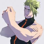  absurdres achilles_(fate) achilles_(fearless_diver)_(fate) bandaid bandaid_on_face black_shirt blood blood_on_hands bruise bruise_on_face clenched_hand collarbone fate/grand_order fate_(series) flexing grey_background hand_on_own_arm haruakira highres injury looking_at_viewer male_focus muscular muscular_male orange_eyes shirt short_hair simple_background sleeveless sleeveless_shirt solo undercut upper_body 