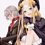  1boy 1girl abigail_williams_(fate) antonio_salieri_(fate) ascot black_bow black_dress black_headwear black_suit blonde_hair bloomers blue_eyes blush bow breasts dress fate/grand_order fate_(series) forehead grey_hair hair_bow half_updo hat highres jewelry long_hair long_sleeves looking_at_viewer necklace open_mouth orange_bow parted_bangs pinstripe_pattern pinstripe_suit red_ascot red_eyes ribbed_dress short_hair sitting sleeves_past_fingers sleeves_past_wrists small_breasts smile striped suit sumi_(gfgf_045) underwear white_bloomers 