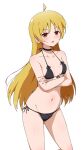  1girl absurdres ahoge bangs bare_arms bare_shoulders bikini black_bikini black_choker blonde_hair bocchi_the_rock! breasts choker collarbone commentary crossed_arms eggman_(pixiv28975023) fingernails front-tie_bikini_top front-tie_top halterneck highres ijichi_seika light_blush long_hair looking_at_viewer nail_polish navel open_mouth pink_nails red_eyes side-tie_bikini_bottom simple_background small_breasts solo speech_bubble stomach sweatdrop swimsuit white_background 