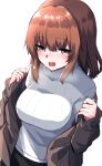  1girl blush breasts breath brown_coat brown_eyes brown_hair coat highres kurousagi_tetora large_breasts long_hair long_sleeves looking_at_viewer off_shoulder open_clothes open_coat open_mouth original ribbed_sweater simple_background solo sweatdrop sweater turtleneck turtleneck_sweater upper_body white_background white_sweater 