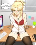  1girl absurdres averting_eyes blonde_hair blush book bra bracelet braid breasts computer desk emphasis_lines english_commentary english_text fate/grand_order fate_(series) french_braid glasses green_eyes hair_ornament hair_scrunchie highres hyperbudd indoors jewelry keyboard_(computer) medium_hair miniskirt monitor mordred_(fate) necklace off_shoulder office_lady on_desk open_mouth panties partially_unbuttoned partially_undressed pen pencil_skirt plant ponytail potted_plant red_bra red_panties red_scrunchie scrunchie shield_necklace sitting sitting_on_desk skindentation skirt solo sweat thighhighs underwear window 