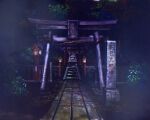  absurdres anchoku_0621 commentary_request copyright_request highres lantern leaf night no_humans outdoors plant rope scenery shrine stairs stone_stairs stone_walkway torii tree wooden_lantern wooden_railing 