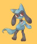  :o animal_focus blue_skin colored_skin commentary_request highres no_humans pokemon pokemon_(creature) red_eyes riolu slit_pupils solo tail towa_(clonea) yellow_background 