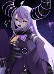  1girl ahoge braid chain collar cuffs demon_girl demon_horns demon_tail dress grey_hair highres hololive horns koroyarou la+_darknesss long_hair looking_at_viewer multicolored_hair necktie pointy_ears purple_hair shackles sharp_teeth sleeves_past_wrists solo starry_background striped striped_horns tail teeth two-tone_hair very_long_hair very_long_sleeves virtual_youtuber wide_sleeves yellow_eyes 