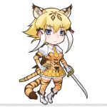  1girl animal_ears blonde_hair blue_eyes boots closed_mouth extra_ears gloves highres kemono_friends kneehighs long_hair looking_at_viewer necktie official_art ribbon shirt skirt smilodon_(kemono_friends) socks solo sword tail tiger_ears tiger_girl tiger_tail weapon yoshizaki_mine 