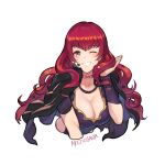  1girl artist_name black_bodysuit black_cape blush bodysuit breasts cape choker cleavage clothing_cutout commentary cropped_torso english_commentary fire_emblem fire_emblem_engage grin hair_ornament long_hair looking_at_viewer meziosaur one_eye_closed pink_choker red_eyes red_hair simple_background smile solo star_(symbol) star_hair_ornament teeth wavy_hair white_background yunaka_(fire_emblem) 