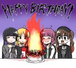  4girls ? ahoge birthday_cake black_choker black_hair blonde_hair blush bocchi_the_rock! braid brown_hair cake choker closed_eyes colored_inner_hair commentary_request dress fire fire_extinguisher food green_dress happy_birthday hime_cut hiroi_kikuri horrified ijichi_seika jacket long_hair multicolored_clothes multicolored_hair multicolored_jacket multiple_girls nervous_smile ootsuki_yoyoko open_clothes open_jacket orange_hair pa-san purple_background purple_hair single_braid smile torako_(toramaru) twintails two-tone_jacket white_jacket 