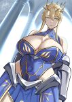  1girl absurdres artoria_pendragon_(fate) artoria_pendragon_(lancer)_(fate) bare_shoulders blonde_hair breasts cleavage_cutout clothing_cutout covered_navel crown fate/grand_order fate_(series) gauntlets green_eyes hair_between_eyes highleg highleg_leotard highres huge_breasts large_breasts leotard navel shaded_face shiiki_(love-saber) signature solo waist_cape 