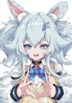  1girl absurdres animal animal_ear_fluff black_choker blue_bow blue_eyes bow bowtie choker collared_shirt commentary_request girls&#039;_frontline grey_hair hair_between_eyes hair_ornament heart heart-shaped_pupils heart_hands highres laomotou long_hair long_sleeves looking_at_viewer messy_hair official_alternate_costume open_mouth pa-15_(girls&#039;_frontline) pa-15_(high_school_thrills)_(girls&#039;_frontline) shirt simple_background smile solo straight-on symbol-shaped_pupils twintails upper_body vest white_background white_shirt 