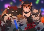  5boys :q alca_(wakatanka4) alca_the_lion bara beenic blurry blurry_background blush_stickers dragon_(any) dragon_boy dragon_ears eyepatch facial_hair furry furry_male goatee grin group_hug group_picture happy highres holding_glowstick horns hug icelernd looking_at_viewer male_focus mature_male multiple_boys mutton_chops original romg romg_the_jaguar short_hair smile solid_oval_eyes thick_eyebrows tongue tongue_out upper_body 