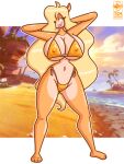  2023 activision anthro bandicoot beach bikini blonde_hair breasts clothing crash_bandicoot_(series) digital_media_(artwork) female hair mammal marsupial orange_bikini orange_clothing orange_swimwear pinup pose seaside solo standing swimwear tawna_bandicoot tsm-draws 