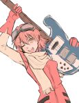  1girl absurdres flcl gloves goggles goggles_on_head guitar hair_between_eyes haruhara_haruko highres instrument nebula_flabby one_eye_closed open_mouth pink_hair red_gloves short_hair simple_background solo teeth white_background 