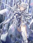  1girl absurdres armor breastplate cleavage_cutout clothing_cutout demon_girl demon_horns dual_wielding duel_monster feet_out_of_frame gauntlets greaves grey_eyes grey_hair hair_between_eyes highres holding holding_sword holding_weapon horns lady_labrynth_of_the_silver_castle lovely_labrynth_of_the_silver_castle pointy_ears solo sword tallyho221 thighhighs twintails twitter_username weapon yu-gi-oh! 