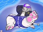  anthro belly chubby_male claws clothing felid feline flat_colors hat headgear headwear hi_res kemono lion male mammal moobs open_mouth overweight pantherine pawpads paws red_panda_mirr simple_background solo swimwear 