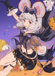  1girl animal_ears bow cheese food gradient_background granblue_fantasy grey_hair hashibiro_kou_(garapiko_p) holding holding_staff jack-o&#039;-lantern midriff mouse mouse_ears red_eyes shorts staff striped striped_bow suspender_shorts suspenders vikala_(granblue_fantasy) vikala_(halloween)_(granblue_fantasy) 