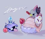  ^_^ animal_focus bird candy closed_eyes commentary_request cup drink eiscue food fox_mask fruit grey_background highres holding holding_candy holding_food mask natsumekan natu no_humans omanyte pokemon pokemon_(creature) shell shellder signature simple_background strawberry tongue tongue_out 