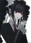  1girl black_hair black_jacket celestia_ludenberg center_frills collared_shirt d: danganronpa:_trigger_happy_havoc danganronpa_(series) drill_hair earrings frills hand_up highres jacket jewelry long_hair long_sleeves necktie open_mouth red_eyes red_necktie ron_(osxika) shirt simple_background solo twin_drills twintails upper_body white_background white_shirt 