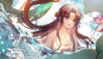  1girl blue_eyes blue_sky brown_hair bug butterfly closed_mouth earrings facial_mark fins fish_tail forehead_mark hair_over_breasts hair_ribbon highres jewelry kneeless_mermaid nude ribbon shan_lan sky solo splashing tail twintails upper_body water waves xian_jian_qi_xia_zhuan_(series) zhao_linger 