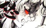  1boy angry clenched_teeth colored_sclera cracked_skin demon_boy demon_horns fang highres hitomisaba holding holding_staff horns kimetsu_no_yaiba looking_away male_focus monochrome photo_(medium) portrait profile red_eyes red_sclera red_theme sekido_(kimetsu_no_yaiba) simple_background solo spot_color staff teeth text_in_eyes traditional_media 