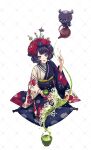  1girl artist_request black_hair blue_eyes cup drink fate/grand_order fate_(series) floral_print floral_print_kimono flower green_tea holding holding_cup holding_drink index_finger_raised japanese_clothes katsushika_hokusai_(fate) kimono long_sleeves multicolored_clothes multicolored_kimono obi octopus open_mouth pillow pouring sash seiza short_hair sitting sitting_on_pillow tea tokitarou_(fate) very_long_sleeves wavy_hair white_background 